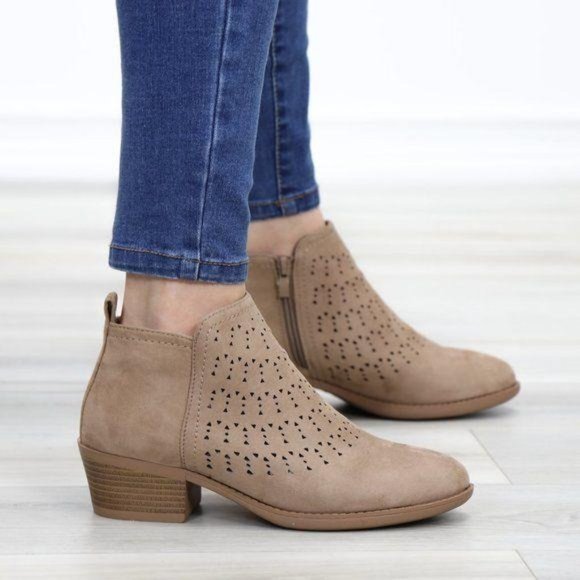 Taupe Suede Ankle Boots Laser Cut Design - Picture 5 of 11